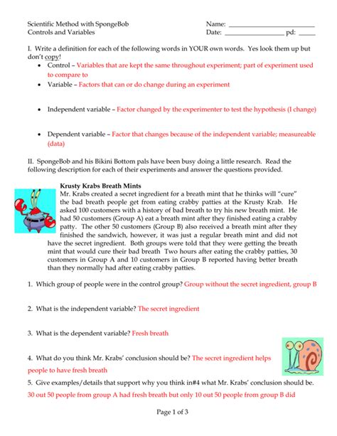 Spongebob Scientific Method Worksheet